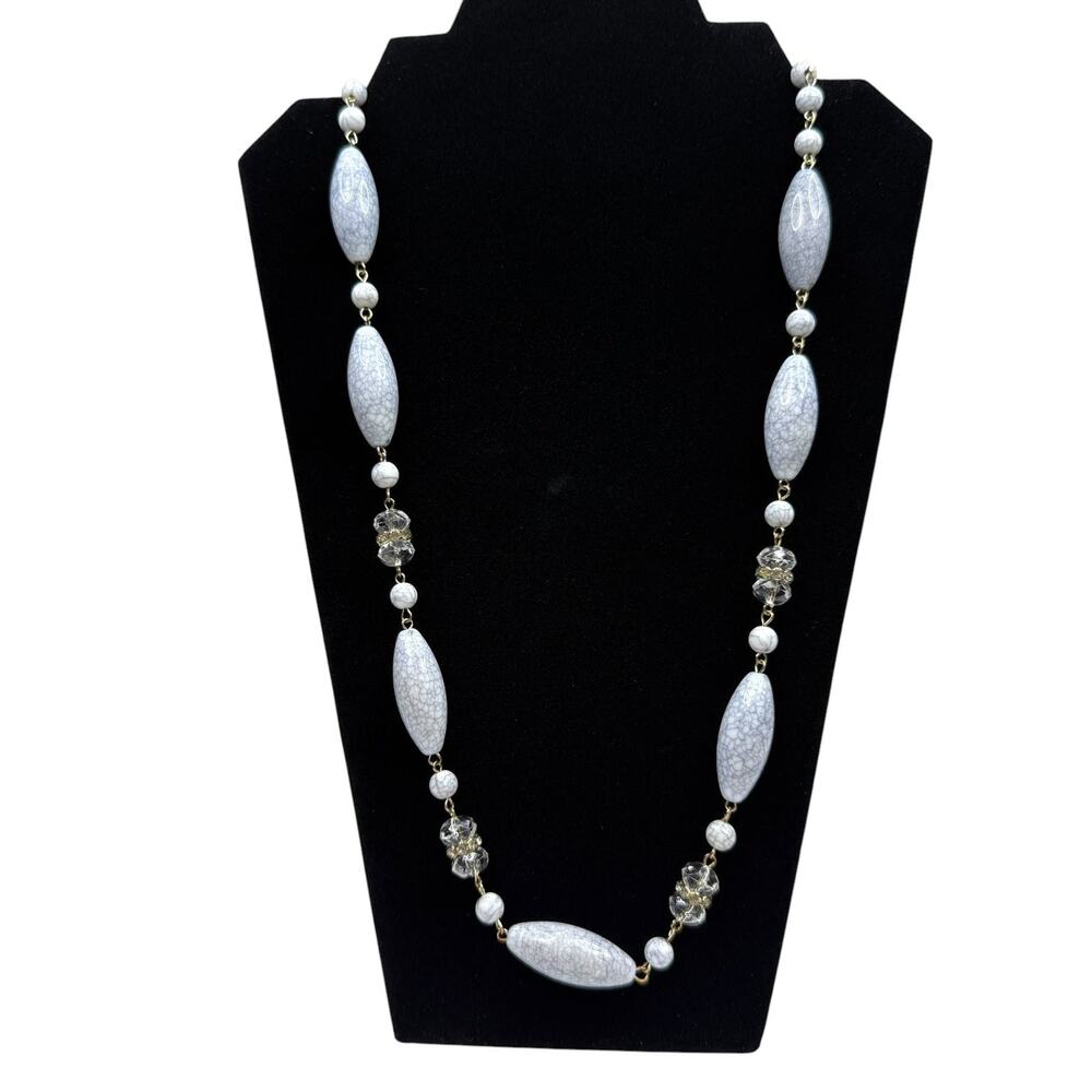 Charming Charlie Gray Crackle Bead Statement Necklace Gold Tone Jewelry 29 in L
